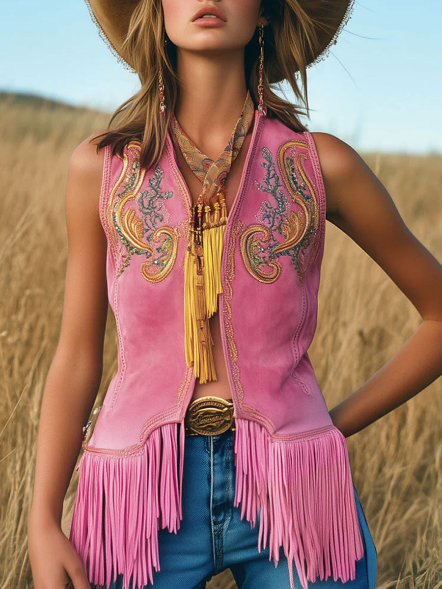 Gilded Rose | embroidered pink suede tassel vest - Novela New York
