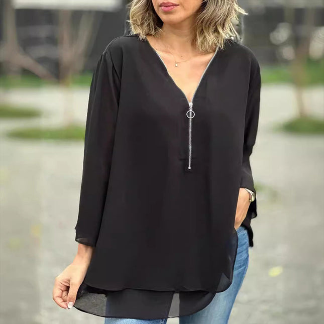 Heidi™ | V-Neck Flowy Zipped Top - Novela New York