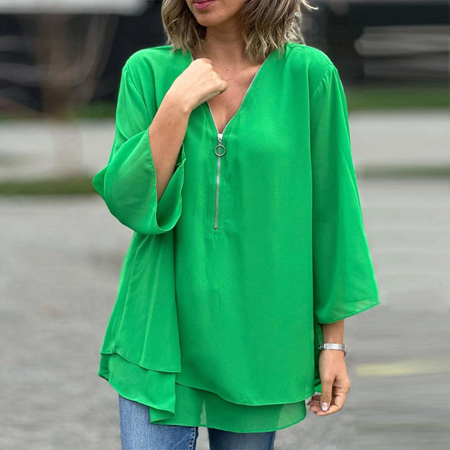 Heidi™ | V-Neck Flowy Zipped Top - Novela New York