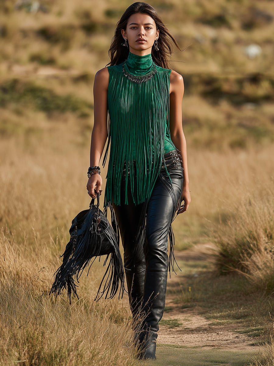 Dakota | Personalized Western Dark Green Suede Tassel Turtleneck Vest - Novela New York