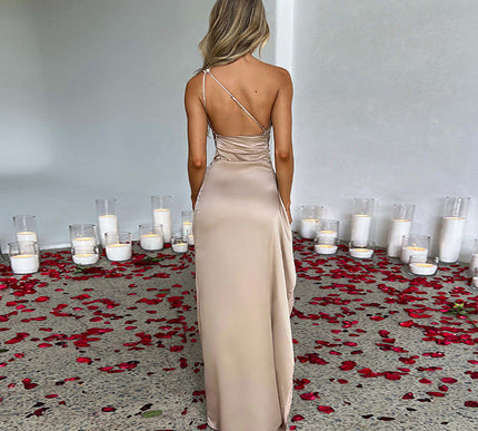 Mila | Satin Split Dress with Off-Shoulder Design - Novela New York