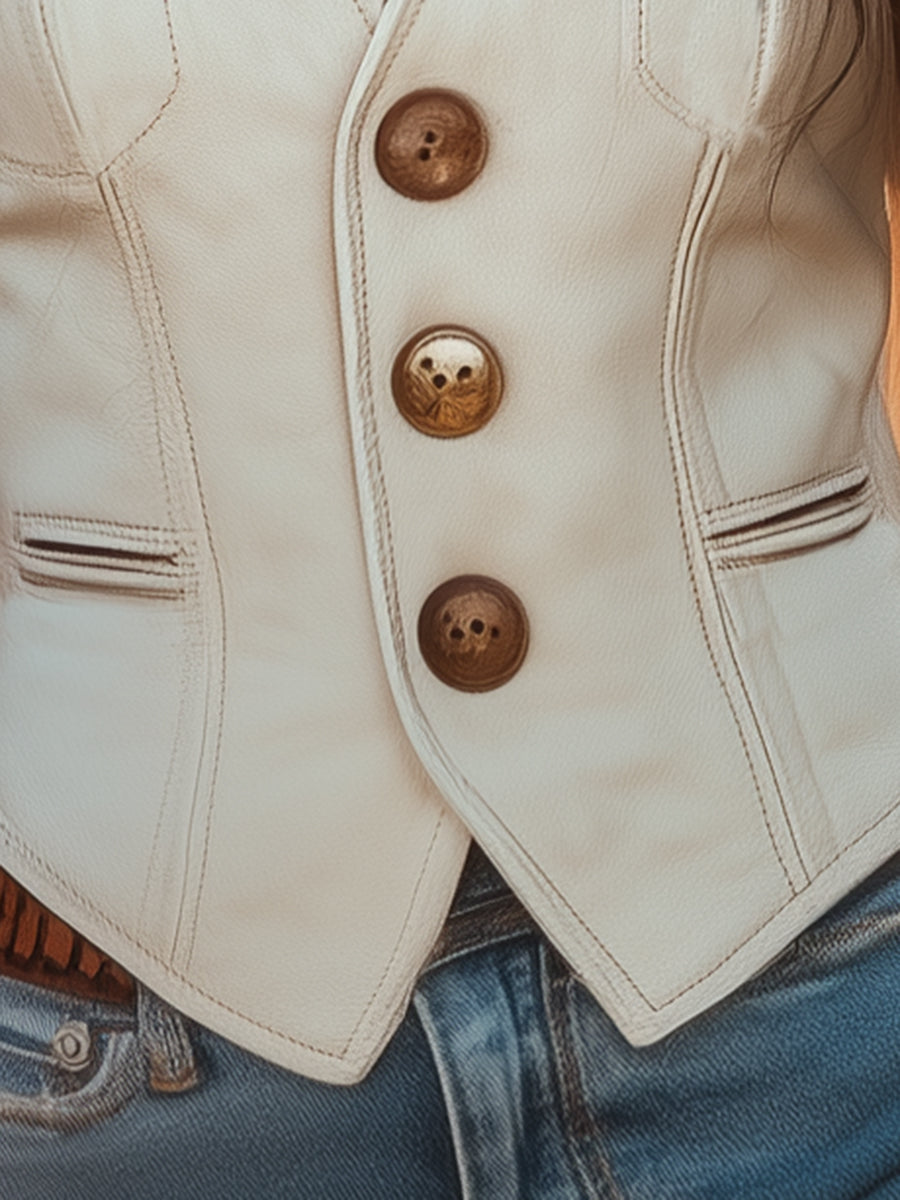 Dakota | Western Gold-Button White Suede Vest - Novela New York