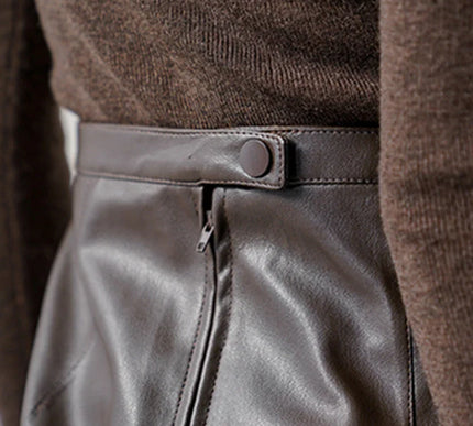 High-Waist Leather Midi Skirt with Front Slit - Novela New York