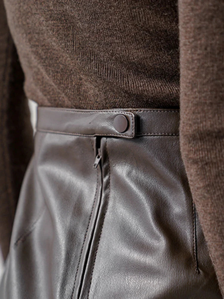High-Waist Leather Midi Skirt with Front Slit - Novela New York