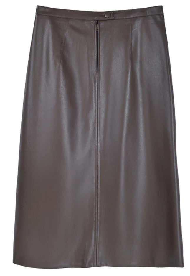 High-Waist Leather Midi Skirt with Front Slit - Novela New York