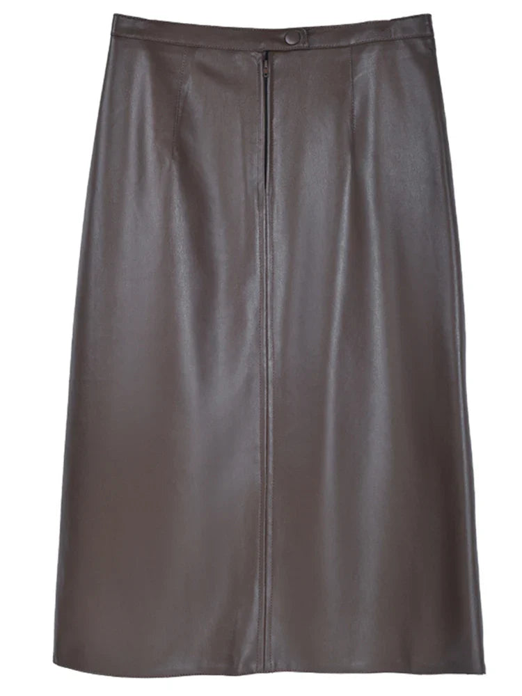 High-Waist Leather Midi Skirt with Front Slit - Novela New York