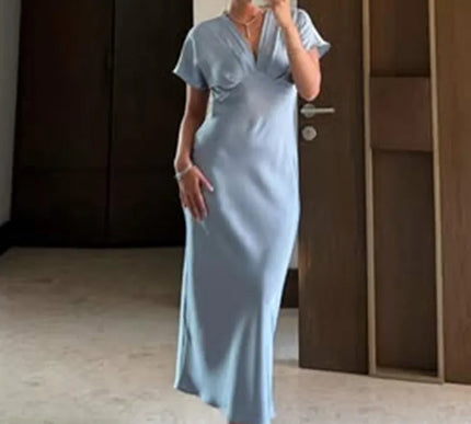 Lina | Elegant V-Neck Satin Dress - Novela New York