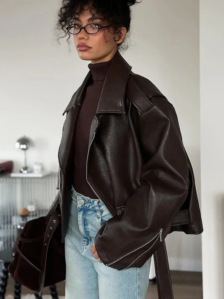 Women’s Brown Faux Leather Cropped Jacket - Novela New York