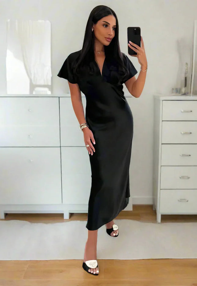 Lina | Elegant V-Neck Satin Dress - Novela New York