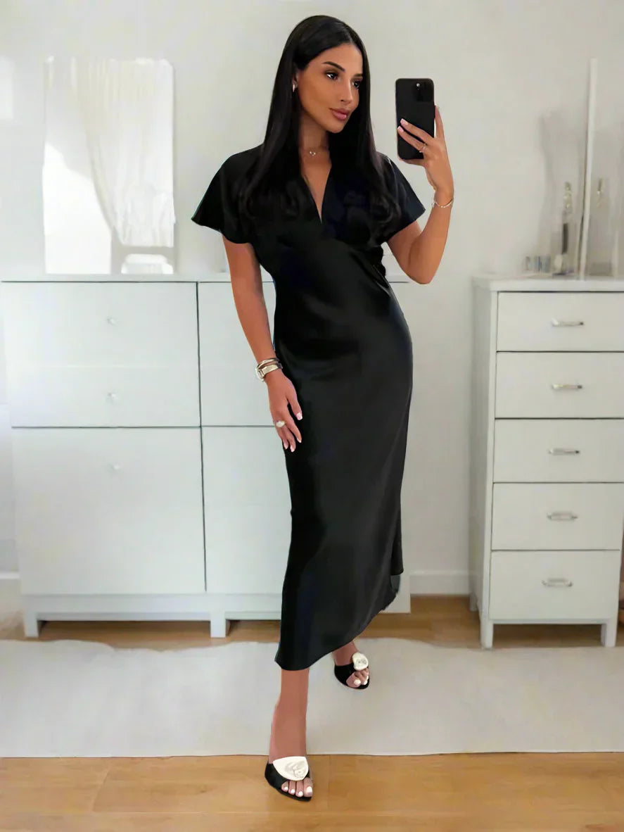 Lina | Elegant V-Neck Satin Dress - Novela New York