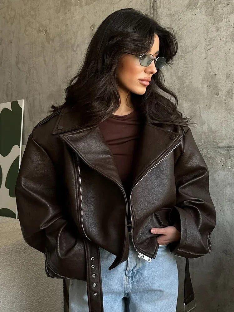 Women’s Brown Faux Leather Cropped Jacket - Novela New York
