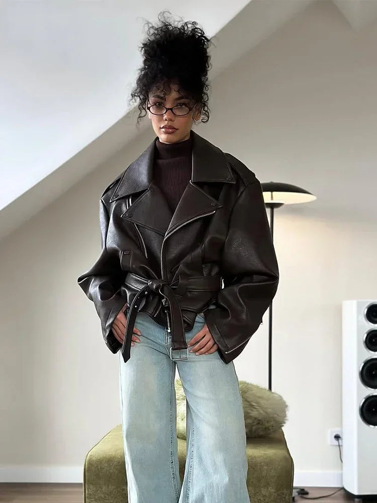 Women’s Brown Faux Leather Cropped Jacket - Novela New York