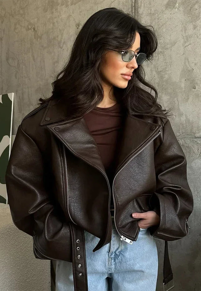 Women’s Brown Faux Leather Cropped Jacket - Novela New York