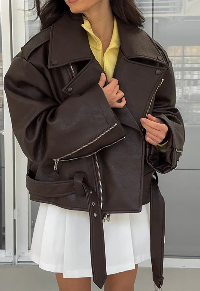 Women’s Brown Faux Leather Cropped Jacket - Novela New York