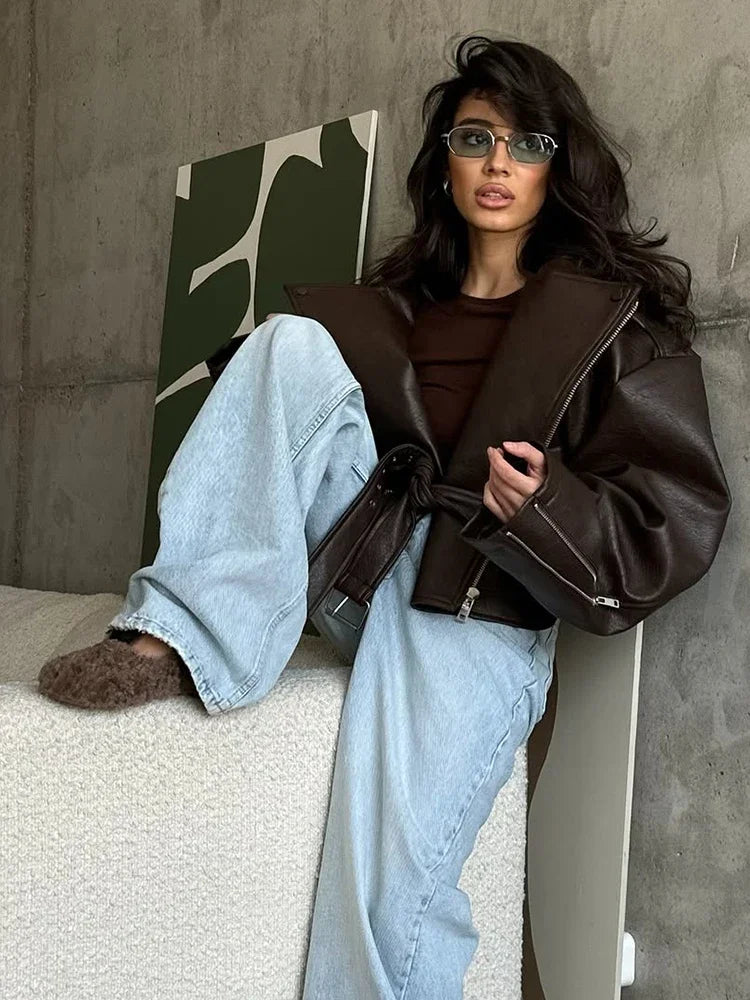 Women’s Brown Faux Leather Cropped Jacket - Novela New York