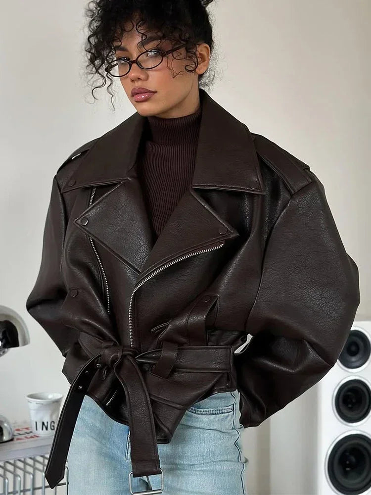 Women’s Brown Faux Leather Cropped Jacket - Novela New York