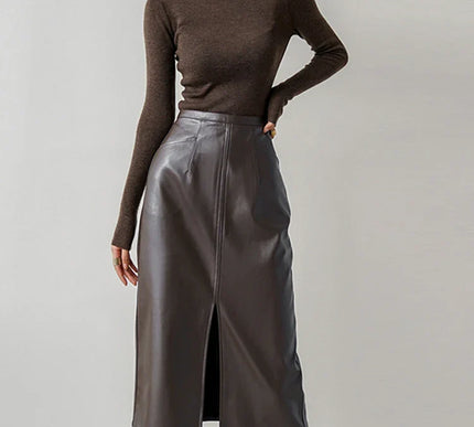 High-Waist Leather Midi Skirt with Front Slit - Novela New York