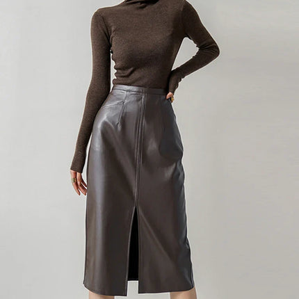 High-Waist Leather Midi Skirt with Front Slit - Novela New York