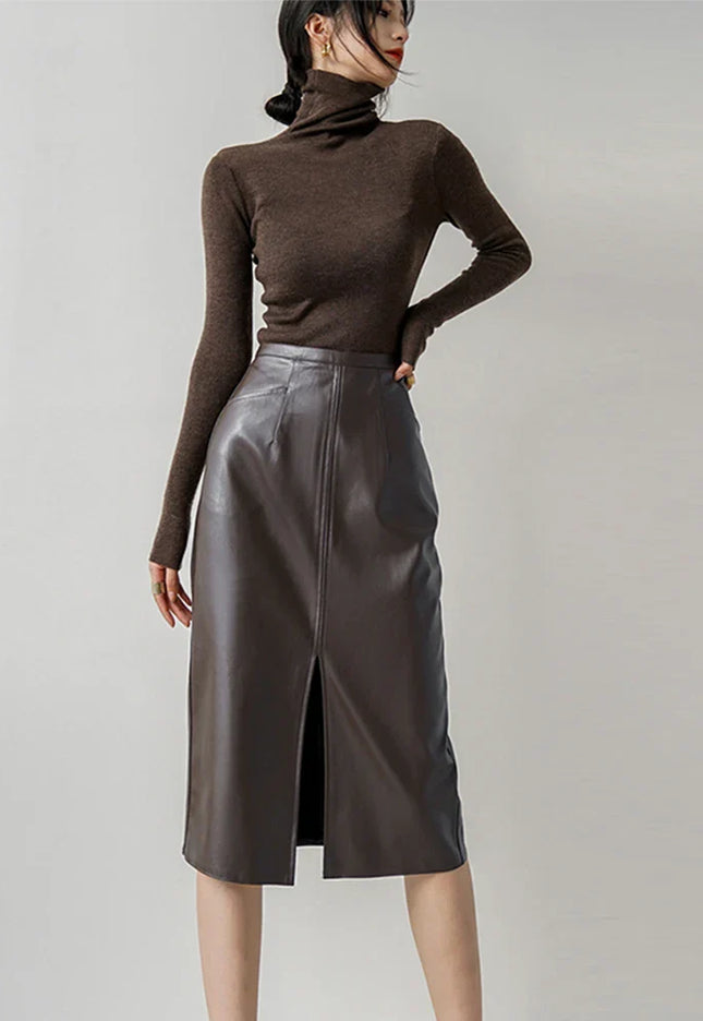 High-Waist Leather Midi Skirt with Front Slit - Novela New York