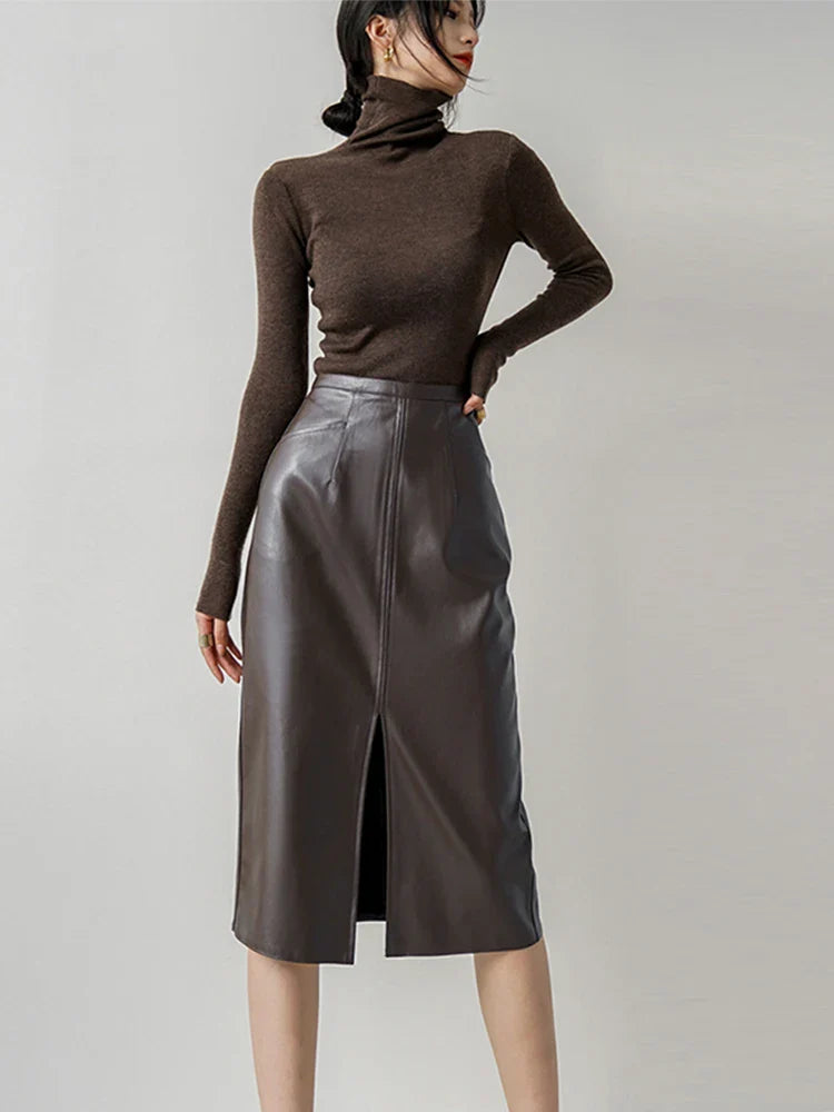High-Waist Leather Midi Skirt with Front Slit - Novela New York