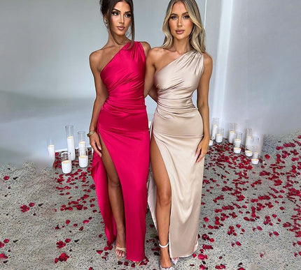 Mila | Satin Split Dress with Off-Shoulder Design - Novela New York