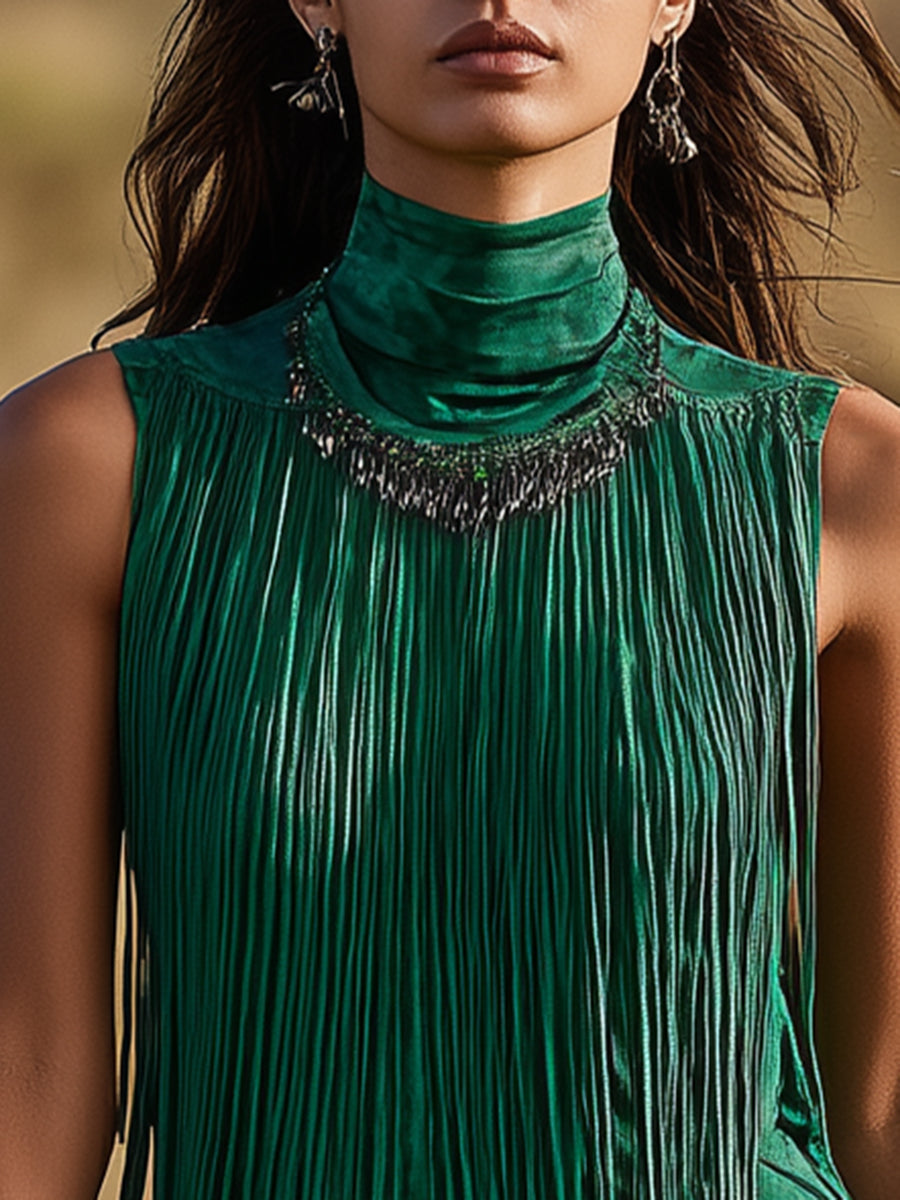 Dakota | Personalized Western Dark Green Suede Tassel Turtleneck Vest - Novela New York